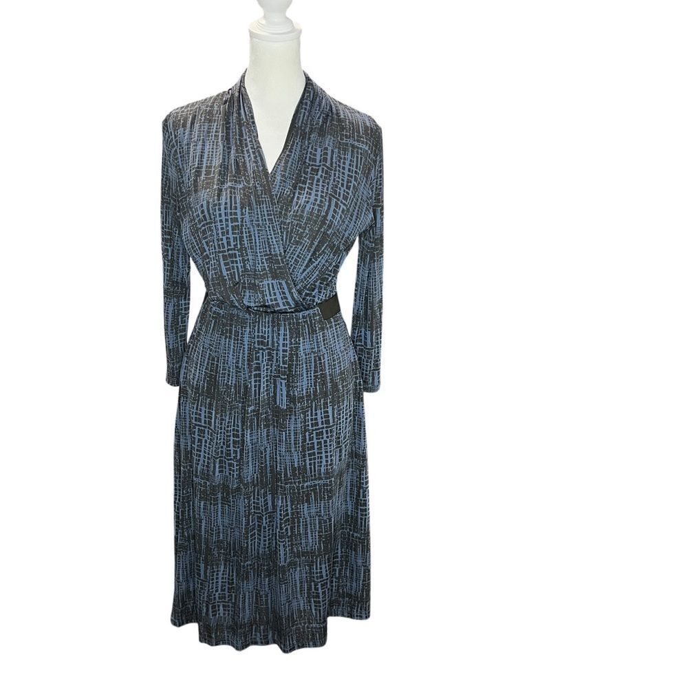 Max Mara Italy Blue Black Abstract Print Jersey Faux Wrap Midi Dress S